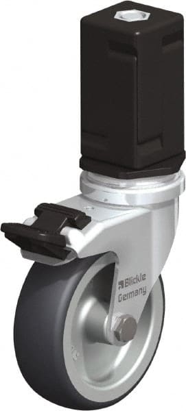 Blickle - 3" Diam x 63/64" Wide x 4" OAH Stem Mount Swivel Caster with Brake - Rubber Elastomer (TPE), 165 Lb Capacity, Plain Bore Bearing, Square Stem - Exact Tooling