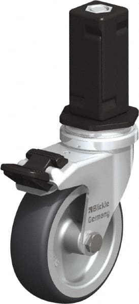 Blickle - 3" Diam x 63/64" Wide x 4" OAH Stem Mount Swivel Caster with Brake - Rubber Elastomer (TPE), 165 Lb Capacity, Plain Bore Bearing, Square Stem - Exact Tooling