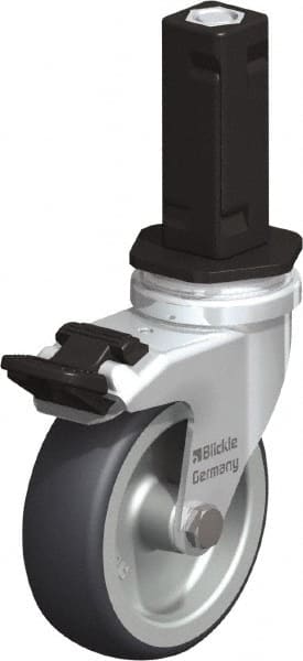 Blickle - 3" Diam x 63/64" Wide x 4" OAH Stem Mount Swivel Caster with Brake - Rubber Elastomer (TPE), 165 Lb Capacity, Plain Bore Bearing, Square Stem - Exact Tooling
