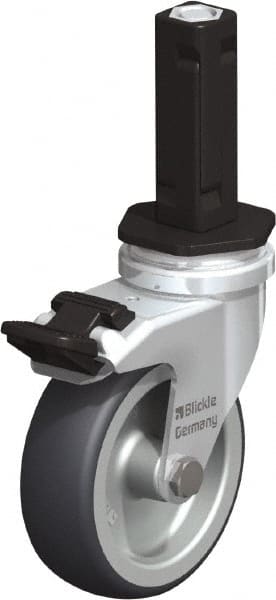Blickle - 3" Diam x 63/64" Wide x 4" OAH Stem Mount Swivel Caster with Brake - Rubber Elastomer (TPE), 165 Lb Capacity, Plain Bore Bearing, Square Stem - Exact Tooling