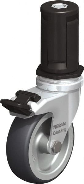 Blickle - 3" Diam x 63/64" Wide x 4" OAH Stem Mount Swivel Caster with Brake - Rubber Elastomer (TPE), 165 Lb Capacity, Plain Bore Bearing, Round Stem - Exact Tooling