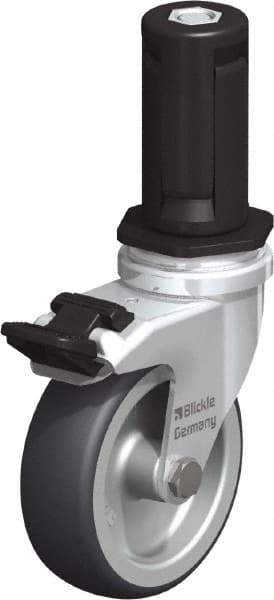 Blickle - 3" Diam x 63/64" Wide x 4" OAH Stem Mount Swivel Caster with Brake - Rubber Elastomer (TPE), 165 Lb Capacity, Plain Bore Bearing, Round Stem - Exact Tooling