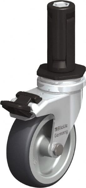 Blickle - 3" Diam x 63/64" Wide x 4" OAH Stem Mount Swivel Caster with Brake - Rubber Elastomer (TPE), 165 Lb Capacity, Plain Bore Bearing, Round Stem - Exact Tooling