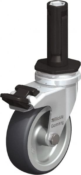 Blickle - 3" Diam x 63/64" Wide x 4" OAH Stem Mount Swivel Caster with Brake - Rubber Elastomer (TPE), 165 Lb Capacity, Plain Bore Bearing, Round Stem - Exact Tooling