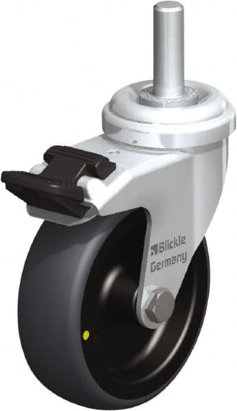 Blickle - 3" Diam x 63/64" Wide x 3-27/32" OAH Stem Mount Swivel Caster with Brake - Rubber Elastomer (TPE), 110 Lb Capacity, Plain Bore Bearing, 3/8 x 1-13/16" Threaded Stem - Exact Tooling