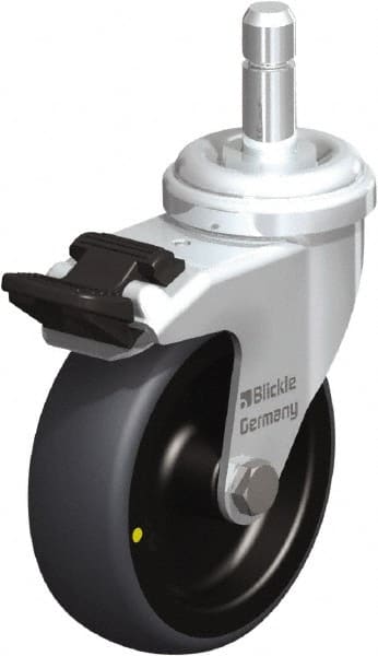 Blickle - 3" Diam x 63/64" Wide x 3-27/32" OAH Stem Mount Swivel Caster with Brake - Rubber Elastomer (TPE), 110 Lb Capacity, Plain Bore Bearing, Friction Stem - Exact Tooling