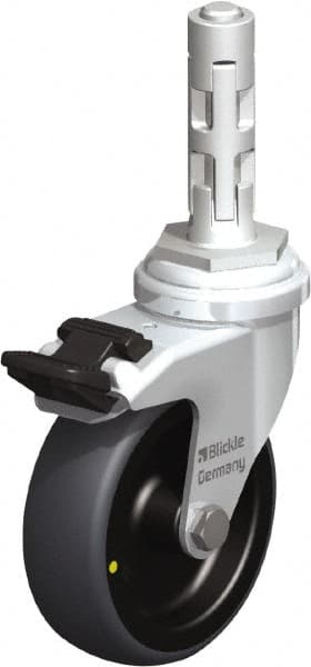 Blickle - 3" Diam x 63/64" Wide x 4" OAH Metal Expander Mount Swivel Caster with Brake - Rubber Elastomer (TPE), 110 Lb Capacity, Plain Bore Bearing, Metal Expander Stem - Exact Tooling