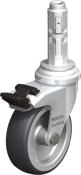 Blickle - 3" Diam x 63/64" Wide x 4" OAH Metal Expander Mount Swivel Caster with Brake - Rubber Elastomer (TPE), 165 Lb Capacity, Plain Bore Bearing, Metal Expander Stem - Exact Tooling