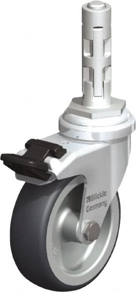 Blickle - 3" Diam x 63/64" Wide x 4" OAH Metal Expander Mount Swivel Caster with Brake - Rubber Elastomer (TPE), 165 Lb Capacity, Plain Bore Bearing, Metal Expander Stem - Exact Tooling