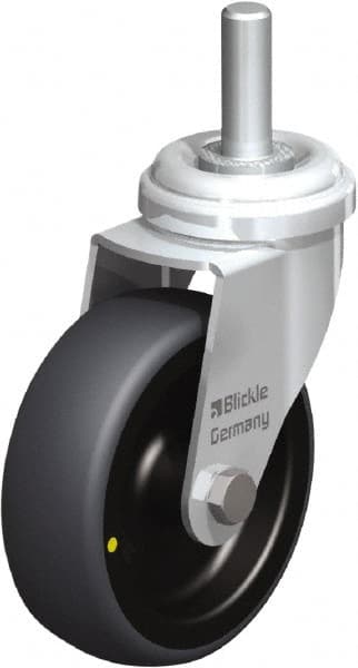 Blickle - 3" Diam x 63/64" Wide x 3-27/32" OAH Stem Mount Swivel Caster - Rubber Elastomer (TPE), 110 Lb Capacity, Plain Bore Bearing, 3/8 x 1-13/16" Threaded Stem - Exact Tooling