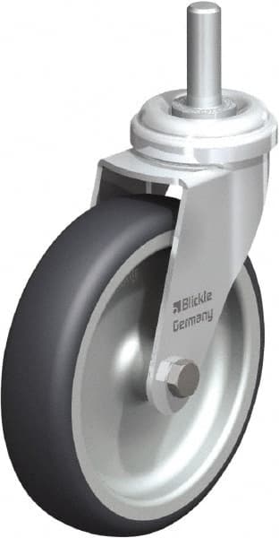 Blickle - 4" Diam x 63/64" Wide x 4-3/4" OAH Stem Mount Swivel Caster - Rubber Elastomer (TPE), 154 Lb Capacity, Plain Bore Bearing, 3/8 x 1-13/16" Threaded Stem - Exact Tooling