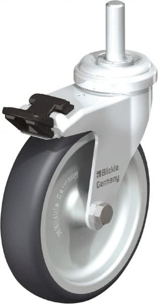 Blickle - 4" Diam x 63/64" Wide x 4-3/4" OAH Stem Mount Swivel Caster with Brake - Rubber Elastomer (TPE), 154 Lb Capacity, Plain Bore Bearing, 3/8" Threaded Stem - Exact Tooling
