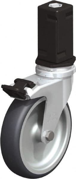 Blickle - 4" Diam x 63/64" Wide x 4-7/8" OAH Stem Mount Swivel Caster with Brake - Rubber Elastomer (TPE), 154 Lb Capacity, Plain Bore Bearing, Square Stem - Exact Tooling