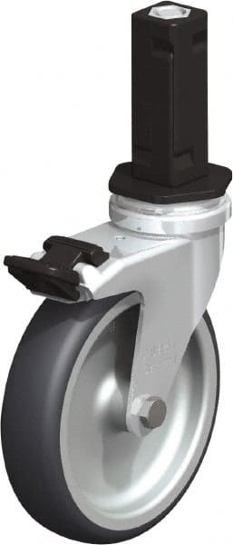 Blickle - 4" Diam x 63/64" Wide x 4-7/8" OAH Stem Mount Swivel Caster with Brake - Rubber Elastomer (TPE), 154 Lb Capacity, Plain Bore Bearing, Square Stem - Exact Tooling