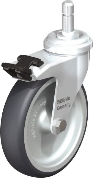 Blickle - 4" Diam x 63/64" Wide x 4-49/64" OAH Stem Mount Swivel Caster with Brake - Rubber Elastomer (TPE), 154 Lb Capacity, Plain Bore Bearing, Friction Stem - Exact Tooling