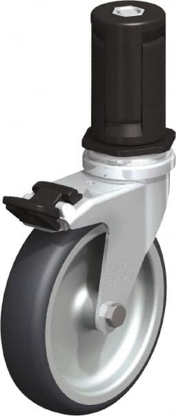 Blickle - 4" Diam x 63/64" Wide x 4-7/8" OAH Stem Mount Swivel Caster with Brake - Rubber Elastomer (TPE), 154 Lb Capacity, Plain Bore Bearing, Round Stem - Exact Tooling