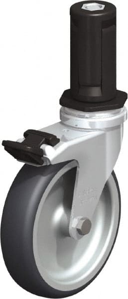 Blickle - 4" Diam x 63/64" Wide x 4-7/8" OAH Stem Mount Swivel Caster with Brake - Rubber Elastomer (TPE), 154 Lb Capacity, Plain Bore Bearing, Round Stem - Exact Tooling