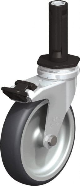 Blickle - 4" Diam x 63/64" Wide x 4-7/8" OAH Stem Mount Swivel Caster with Brake - Rubber Elastomer (TPE), 154 Lb Capacity, Plain Bore Bearing, Round Stem - Exact Tooling