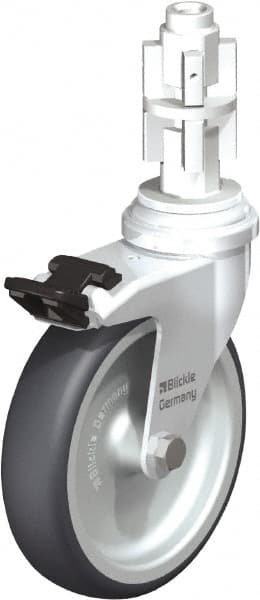 Blickle - 4" Diam x 63/64" Wide x 4-7/8" OAH Metal Expander Mount Swivel Caster with Brake - Rubber Elastomer (TPE), 154 Lb Capacity, Plain Bore Bearing, Metal Expander Stem - Exact Tooling