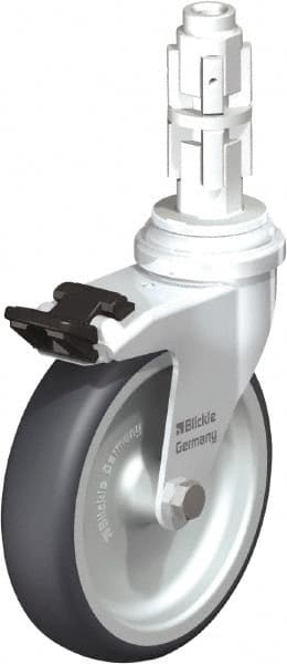 Blickle - 4" Diam x 63/64" Wide x 4-7/8" OAH Metal Expander Mount Swivel Caster with Brake - Rubber Elastomer (TPE), 154 Lb Capacity, Plain Bore Bearing, Metal Expander Stem - Exact Tooling
