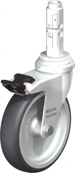 Blickle - 4" Diam x 63/64" Wide x 4-7/8" OAH Metal Expander Mount Swivel Caster with Brake - Rubber Elastomer (TPE), 154 Lb Capacity, Plain Bore Bearing, Metal Expander Stem - Exact Tooling