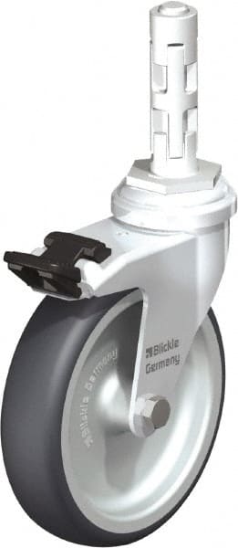 Blickle - 4" Diam x 63/64" Wide x 4-7/8" OAH Metal Expander Mount Swivel Caster with Brake - Rubber Elastomer (TPE), 154 Lb Capacity, Plain Bore Bearing, Metal Expander Stem - Exact Tooling