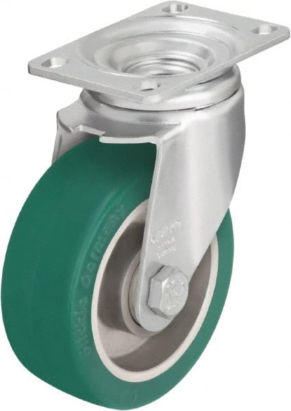 Blickle - 4" Diam x 1-9/16" Wide x 5-1/8" OAH Top Plate Mount Swivel Caster - Polyurethane-Elastomer Blickle Softhane, 400 Lb Capacity, Ball Bearing, 3-5/8 x 2-1/2" Plate - Exact Tooling