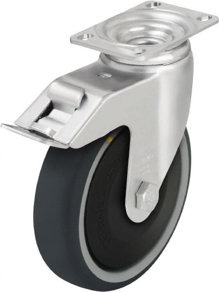 Blickle - 4" Diam x 1-1/4" Wide x 5-1/8" OAH Top Plate Mount Swivel Caster with Brake - Thermoplastic Polyurethane, 400 Lb Capacity, Ball Bearing, 3-5/8 x 2-1/2" Plate - Exact Tooling