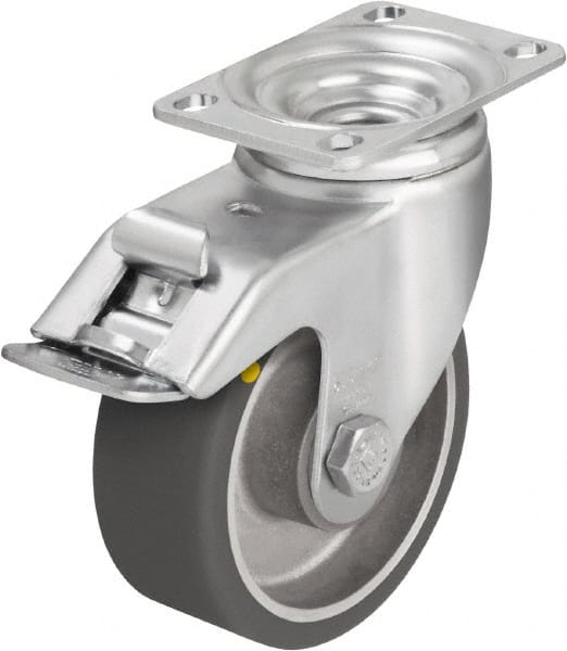 Blickle - 5" Diam x 1-9/16" Wide x 6-1/8" OAH Top Plate Mount Swivel Caster with Brake - Polyurethane-Elastomer Blickle Softhane, 400 Lb Capacity, Ball Bearing, 3-5/8 x 2-1/2" Plate - Exact Tooling