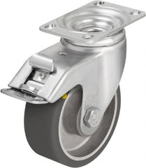 Blickle - 5" Diam x 1-9/16" Wide x 6-1/8" OAH Top Plate Mount Swivel Caster with Brake - Polyurethane-Elastomer Blickle Softhane, 400 Lb Capacity, Ball Bearing, 3-5/8 x 2-1/2" Plate - Exact Tooling
