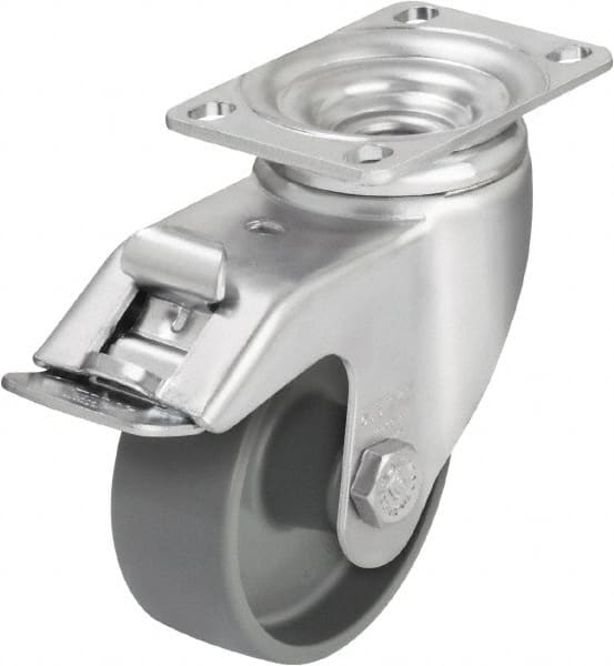 Blickle - 3-1/2" Diam x 1-1/4" Wide x 4-11/16" OAH Top Plate Mount Swivel Caster with Brake - Impact-Resistant Nylon, 400 Lb Capacity, Plain Bore Bearing, 3-5/8 x 2-1/2" Plate - Exact Tooling