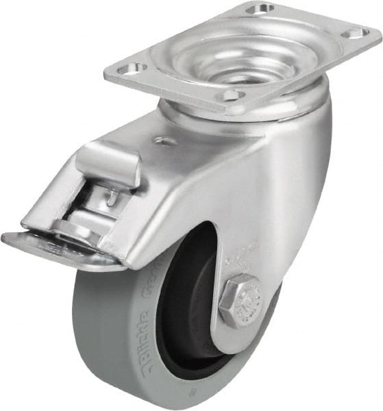 Blickle - 3-1/2" Diam x 1-1/4" Wide x 4-11/16" OAH Top Plate Mount Swivel Caster with Brake - Solid Rubber, 350 Lb Capacity, Ball Bearing, 3-5/8 x 2-1/2" Plate - Exact Tooling
