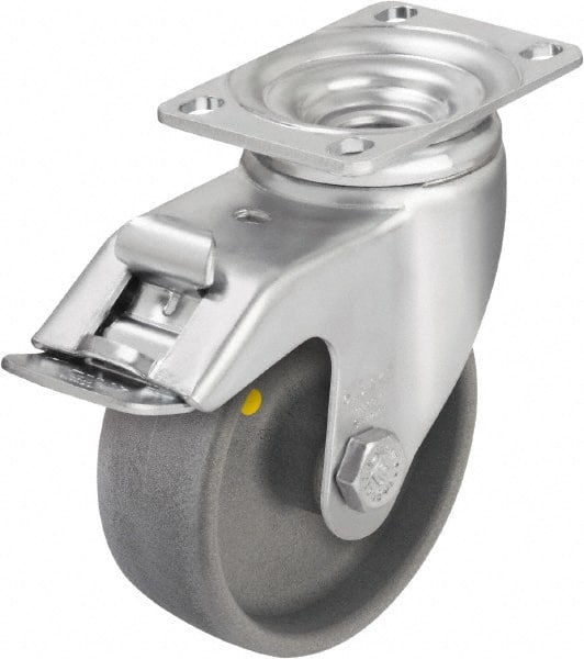 Blickle - 4" Diam x 1-7/16" Wide x 5-1/8" OAH Top Plate Mount Swivel Caster with Brake - Impact-Resistant Nylon, 400 Lb Capacity, Ball Bearing, 3-5/8 x 2-1/2" Plate - Exact Tooling