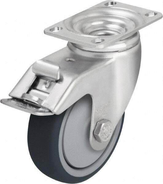 Blickle - 5" Diam x 1-1/4" Wide x 6-1/8" OAH Top Plate Mount Swivel Caster with Brake - Thermoplastic Polyurethane, 400 Lb Capacity, Ball Bearing, 3-5/8 x 2-1/2" Plate - Exact Tooling