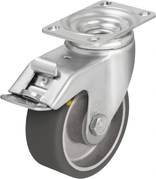 Blickle - 4" Diam x 1-9/16" Wide x 5-1/8" OAH Top Plate Mount Swivel Caster with Brake - Polyurethane-Elastomer Blickle Softhane, 400 Lb Capacity, Ball Bearing, 3-5/8 x 2-1/2" Plate - Exact Tooling