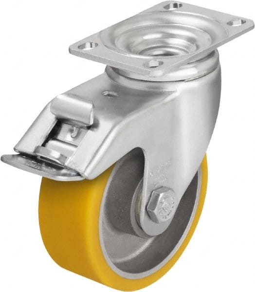 Blickle - 4" Diam x 1-9/16" Wide x 5-1/8" OAH Top Plate Mount Swivel Caster with Brake - Polyurethane-Elastomer Blickle Softhane, 400 Lb Capacity, Ball Bearing, 3-5/8 x 2-1/2" Plate - Exact Tooling