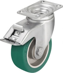 Blickle - 5" Diam x 1-9/16" Wide x 6-1/8" OAH Top Plate Mount Swivel Caster with Brake - Polyurethane-Elastomer Blickle Softhane, 400 Lb Capacity, Ball Bearing, 3-5/8 x 2-1/2" Plate - Exact Tooling