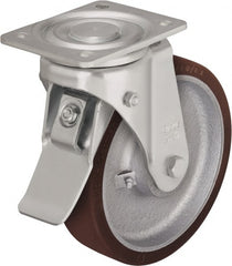 Blickle - 4" Diam x 1-31/32" Wide x 5-33/64" OAH Top Plate Mount Swivel Caster with Brake - Polyurethane-Elastomer Blickle Softhane, 880 Lb Capacity, Ball Bearing, 5-1/2 x 4-3/8" Plate - Exact Tooling