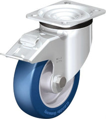 Blickle - 5" Diam x 1-37/64" Wide x 6-7/64" OAH Top Plate Mount Swivel Caster with Brake - Polyurethane-Elastomer Blickle Besthane, 770 Lb Capacity, Ball Bearing, 3-15/16 x 3-3/8" Plate - Exact Tooling