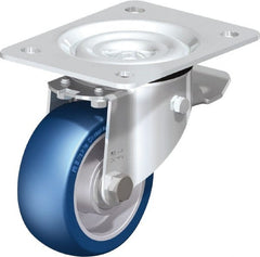 Blickle - 4" Diam x 1-37/64" Wide x 5-7/64" OAH Top Plate Mount Swivel Caster with Brake - Polyurethane-Elastomer Blickle Besthane, 660 Lb Capacity, Ball Bearing, 5-1/2 x 4-3/8" Plate - Exact Tooling
