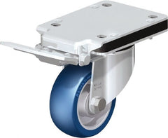 Blickle - 4" Diam x 1-37/64" Wide x 5-25/32" OAH Top Plate Mount Swivel Caster with Brake - Polyurethane-Elastomer Blickle Besthane, 660 Lb Capacity, Ball Bearing, 5-1/2 x 4-3/8" Plate - Exact Tooling