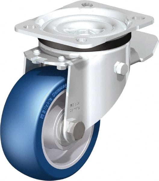 Blickle - 4" Diam x 1-37/64" Wide x 5-7/64" OAH Top Plate Mount Swivel Caster with Brake - Polyurethane-Elastomer Blickle Besthane, 660 Lb Capacity, Ball Bearing, 3-15/16 x 3-3/8" Plate - Exact Tooling