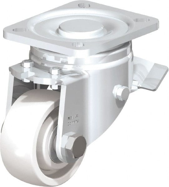 Blickle - 3" Diam x 1-1/4" Wide x 4-41/64" OAH Top Plate Mount Swivel Caster with Brake - Impact-Resistant Nylon, 660 Lb Capacity, Ball Bearing, 3-15/16 x 3-3/8" Plate - Exact Tooling