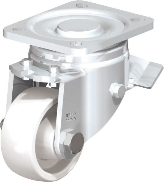 Blickle - 3" Diam x 1-1/4" Wide x 4-41/64" OAH Top Plate Mount Swivel Caster with Brake - Impact-Resistant Nylon, 660 Lb Capacity, Plain Bore Bearing, 3-15/16 x 3-3/8" Plate - Exact Tooling