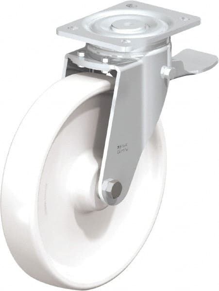 Blickle - 10" Diam x 1-31/32" Wide x 11-39/64" OAH Top Plate Mount Swivel Caster with Brake - Impact-Resistant Nylon, 1,980 Lb Capacity, Plain Bore Bearing, 5-1/2 x 4-3/8" Plate - Exact Tooling