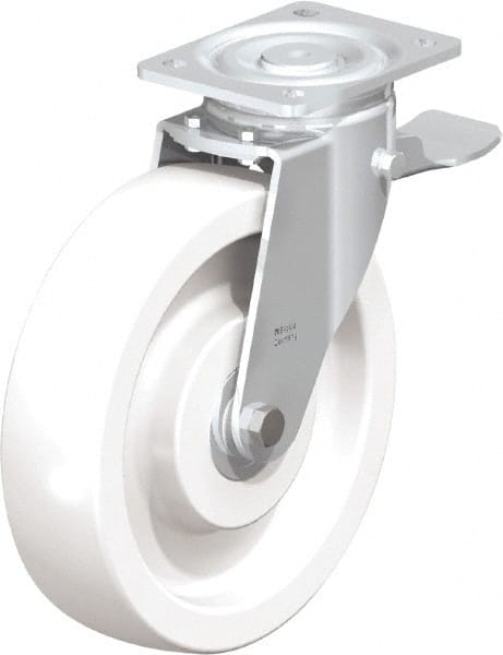 Blickle - 10" Diam x 2-9/16" Wide x 11-39/64" OAH Top Plate Mount Swivel Caster with Brake - Impact-Resistant Nylon, 1,980 Lb Capacity, Ball Bearing, 5-1/2 x 4-3/8" Plate - Exact Tooling