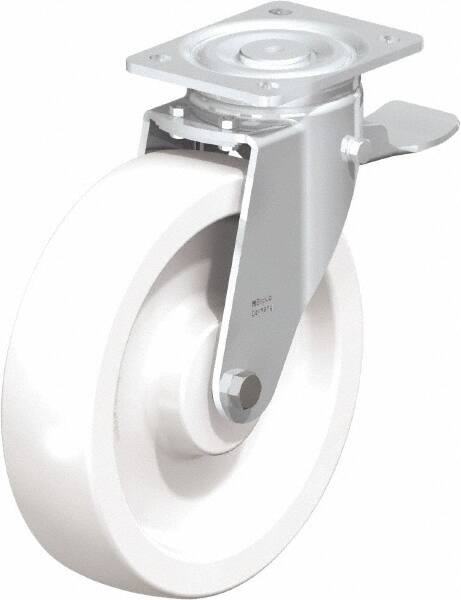 Blickle - 10" Diam x 2-9/16" Wide x 11-39/64" OAH Top Plate Mount Swivel Caster with Brake - Impact-Resistant Nylon, 1,980 Lb Capacity, Plain Bore Bearing, 5-1/2 x 4-3/8" Plate - Exact Tooling