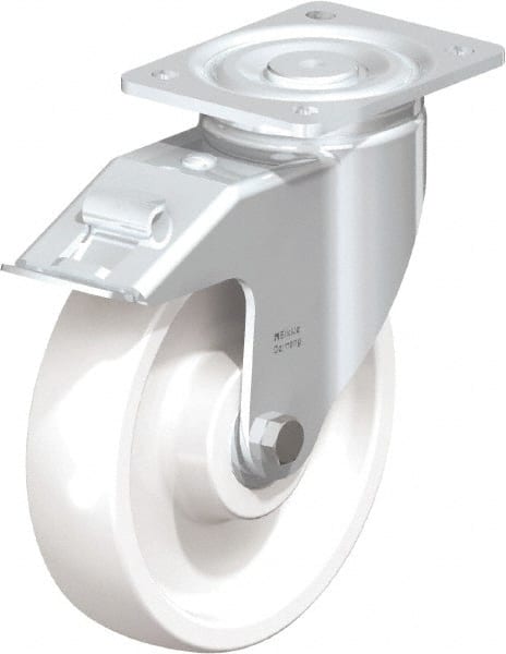 Blickle - 8" Diam x 1-31/32" Wide x 9-41/64" OAH Top Plate Mount Swivel Caster with Brake - Impact-Resistant Nylon, 1,980 Lb Capacity, Ball Bearing, 5-1/2 x 4-3/8" Plate - Exact Tooling