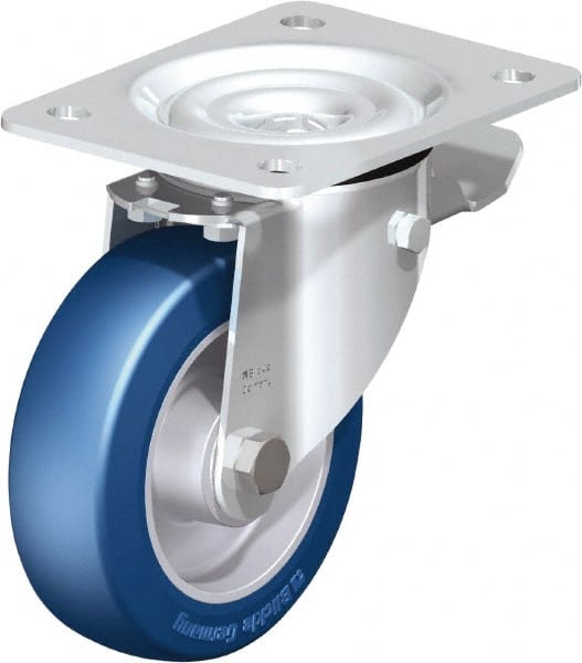 Blickle - 5" Diam x 1-37/64" Wide x 6-7/64" OAH Top Plate Mount Swivel Caster with Brake - Polyurethane-Elastomer Blickle Besthane, 770 Lb Capacity, Ball Bearing, 5-1/2 x 4-3/8" Plate - Exact Tooling