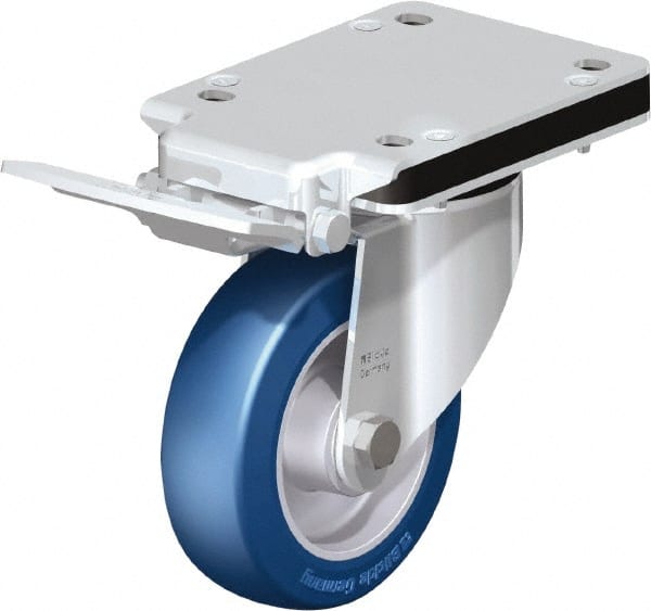 Blickle - 5" Diam x 1-37/64" Wide x 5-25/32" OAH Top Plate Mount Swivel Caster with Brake - Polyurethane-Elastomer Blickle Besthane, 770 Lb Capacity, Ball Bearing, 5-1/2 x 4-3/8" Plate - Exact Tooling